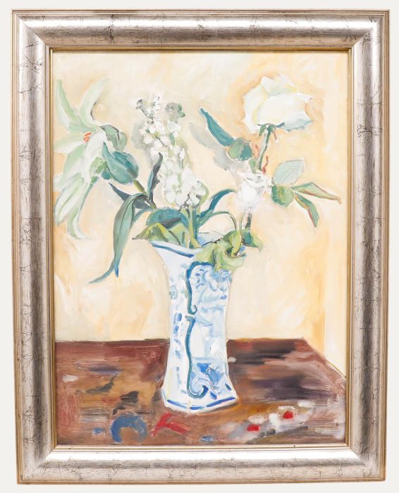 Framed 20th Century Oil - Flowers in Blue & White Vase