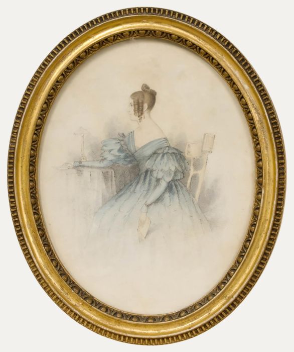 c.1830 Graphite Drawing - Lady in a Blue dress