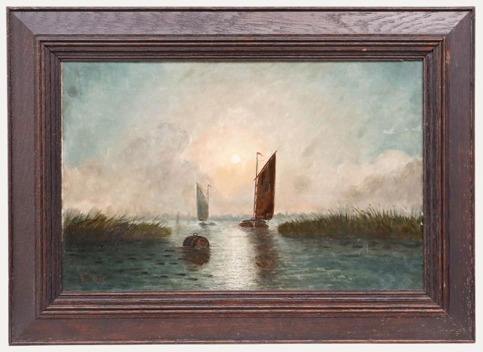 Jarman - Framed 20th Century Oil, Norfolk Wherries at Sunrise