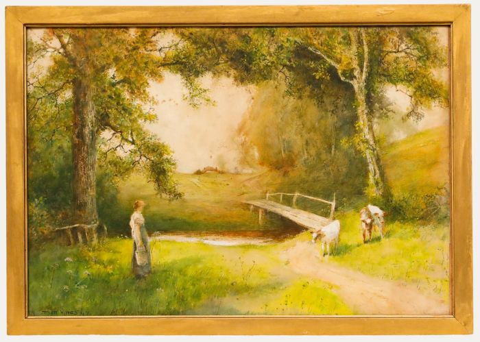 Frederick Hines (fl.1875-1928) - Framed Watercolour, Cattle beside a Footbridge