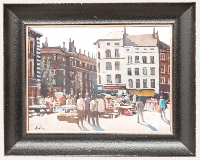 Mario Platero (1942-2002) - Framed 20th Century Oil, Flea Market in Brussels