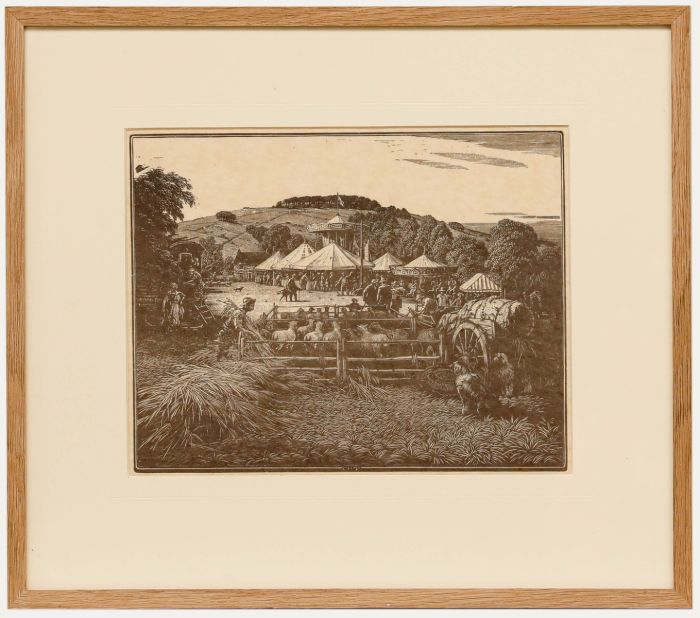 Charles William Taylor (1878-1960) - Framed Wood Engraving, Findon Sheep Fair