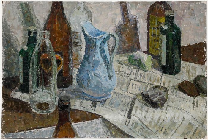 Pauline Plummer (b.1933) - Mid 20th Century Oil, Blue Jug & Glass Bottles
