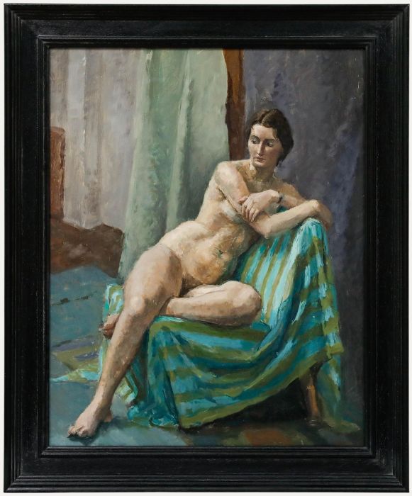 Pauline Plummer (b.1933) - 20th Century Oil, Nude on a Striped Blanket
