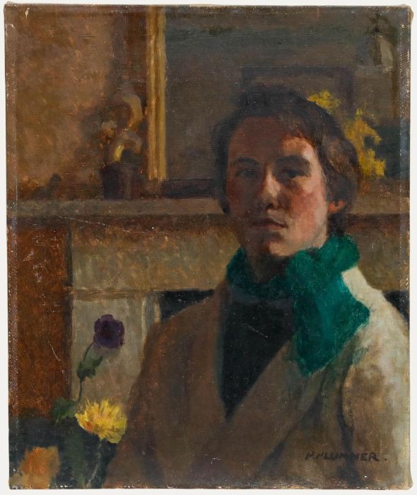Pauline Plummer (b.1933) - Oil, Portrait of the Artist with Green Scarf