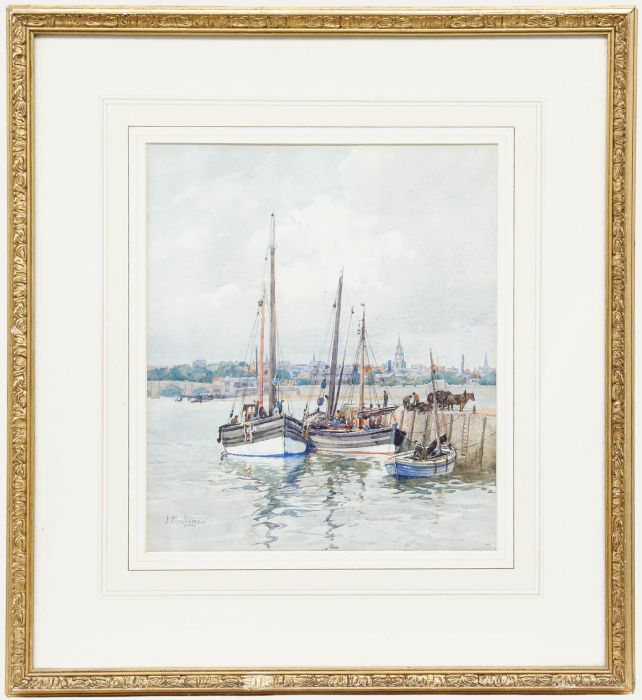 James MacLaren (fl.1881-1917) - Watercolour, Boats Moored on a Scottish River