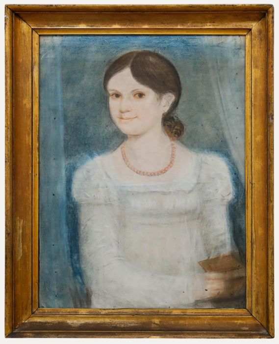Framed Late 19th Century Pastel - Girl with the Beaded Necklace