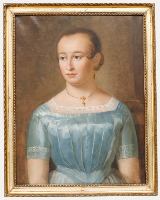19th Century Oil - Portrait of a Lady in a Blue Dress
