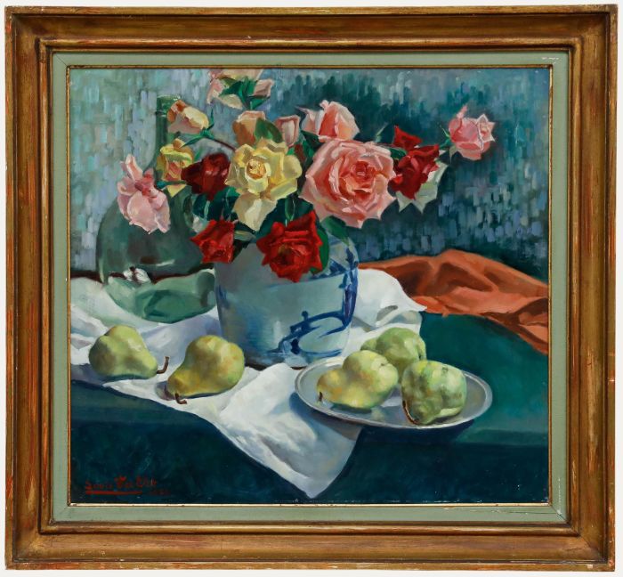 Louis Ver Elst - Framed 1922 Oil, Roses and Pears