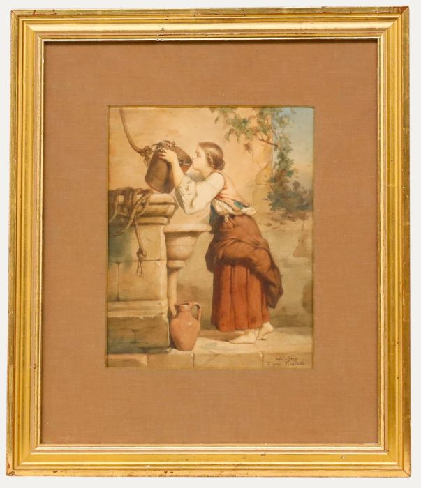 Theophile Adolphe Midy (b.1821) Late 19th Century Watercolour - Girl Drinking