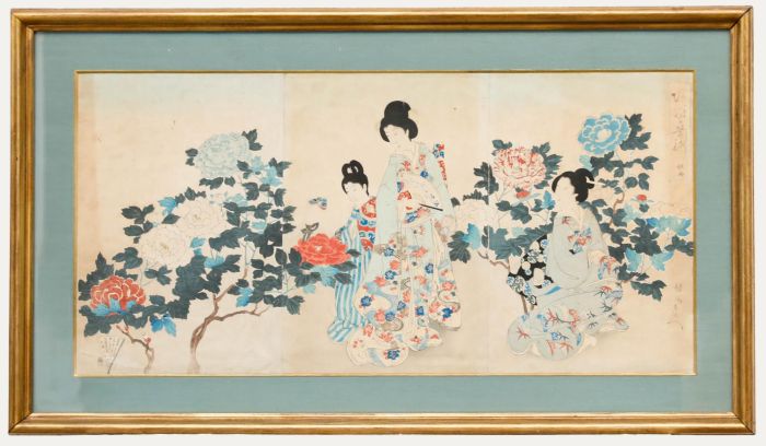 Yoshu Chikanobu (1838-1912) - Japanese Woodblock, Amongst the Flowers Triptych