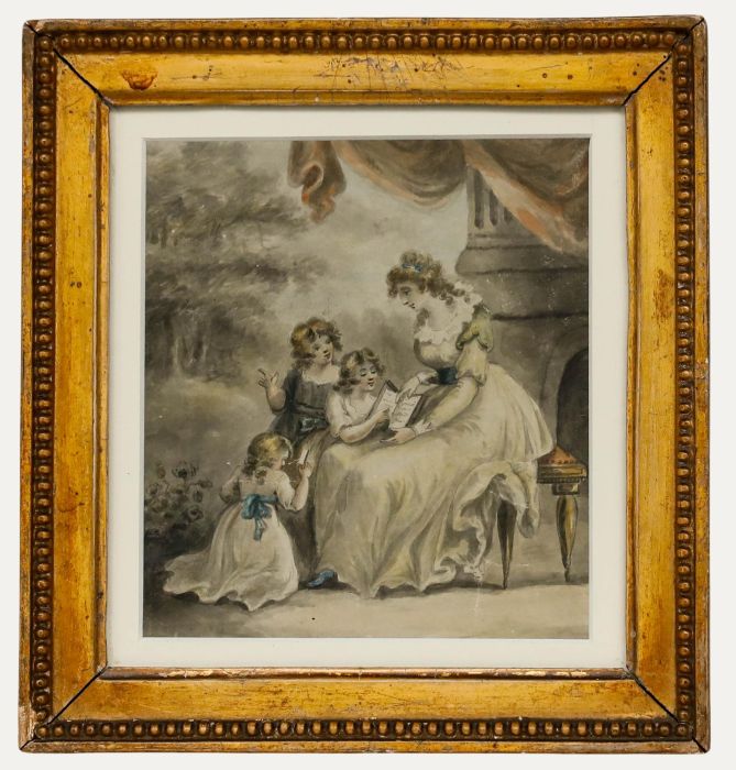 Framed 18th Century Watercolour - Music Lesson with The Governess