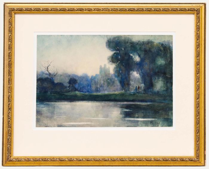 Framed 1904 Watercolour - River Scene with a Ruined Abbey