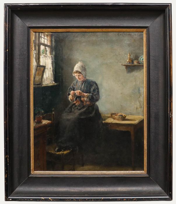 Carl Haver (1859-1920) - Framed 1910 Oil, Young Woman Knitting