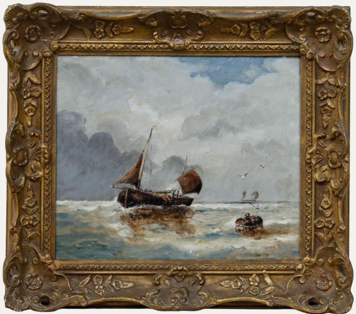Soudrique - Framed 1877 Oil, Fishing Boat Rounding a Buoy