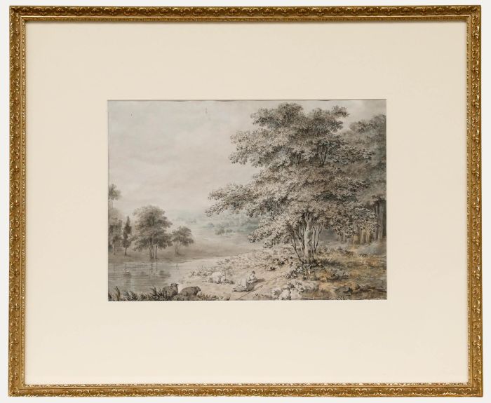 J. Phillips - Framed 1786 Watercolour, Shepherdess Resting by a River