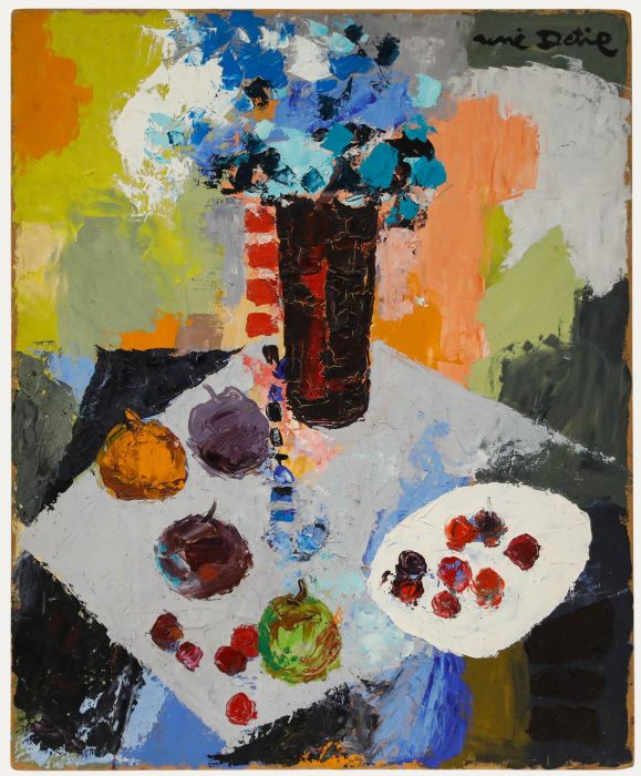 René Detire - French School Mid 20th Century Oil, Blue Flowers and Fruit