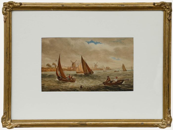 C. Taylor - Framed 1853 Watercolour, Fishing Boats and Windmills