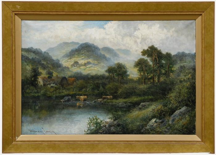 William Langley (fl.1880-1920) - 20th Century Oil, Cattle Drinking in the Valley