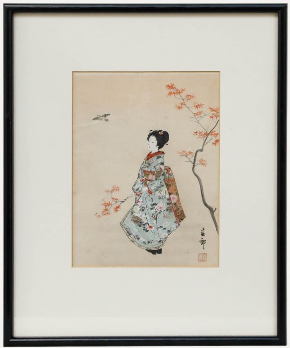 Nakajima Shunko (1868-1912) - Japanese Woodblock, Under the Acer Tree