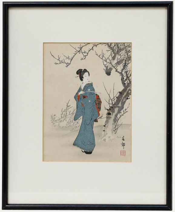 akajima Shunko (1868-1912) - Japanese Woodblock, Under the Winter Tree