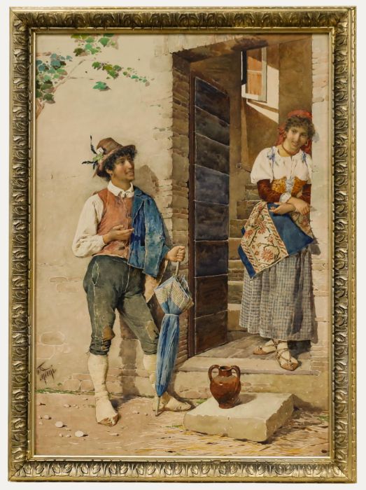 Filipo Indoni (1842-1908) - Late 19th Century Watercolour, Courting on the Steps