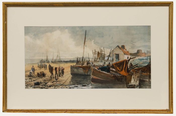 Framed Early 20th Century Watercolour - Tending to the Nets