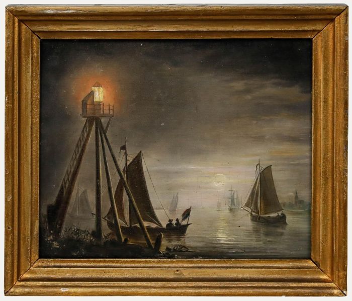 After Petrus van Schendel (1806-1870) - 19th Century Oil, Boats in Moonlight