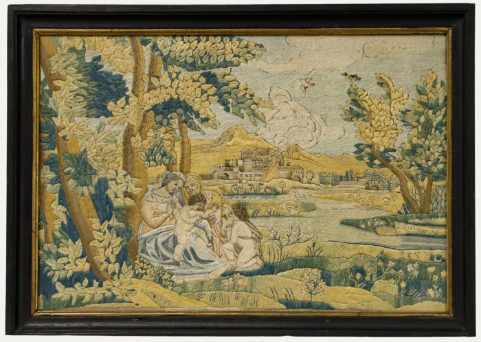 Framed 19th Century Embroidery - The Holy Family with St John the Baptist