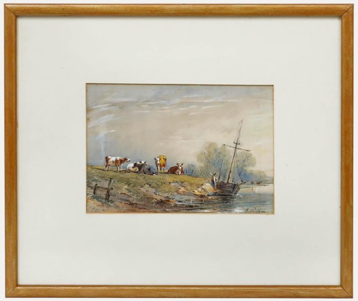 Frederick Earp (1828-1914) - Framed Watercolour, Cattle on a River Bank