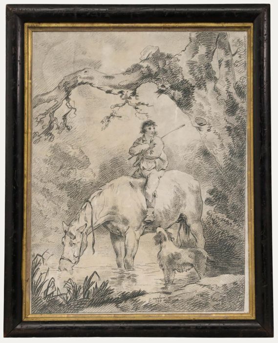 After George Morland (1763-1804) - 1792 Etching, Lad Astride a Horse in a Stream