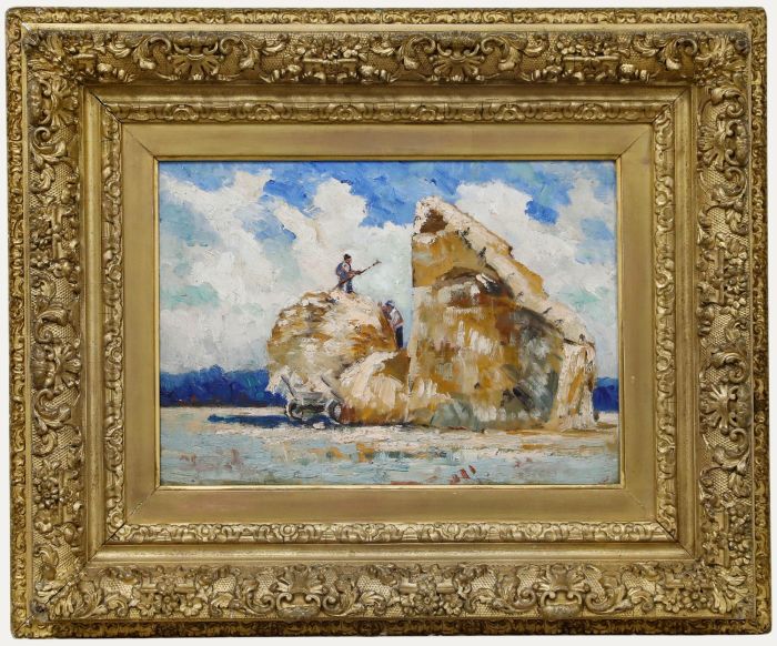 Fine Early 20th Century Oil - Cutting the Hayrick in Spring