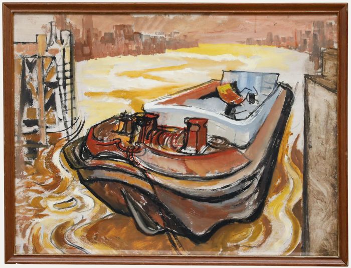 Framed 20th Century Oil - Sunset Barge