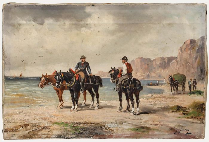 J. Ferry - Late 19th Century Oil, Workhorses on the Beach