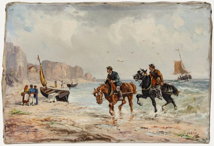 J. Ferry - Late 19th Century Oil, Working Horses on Duty