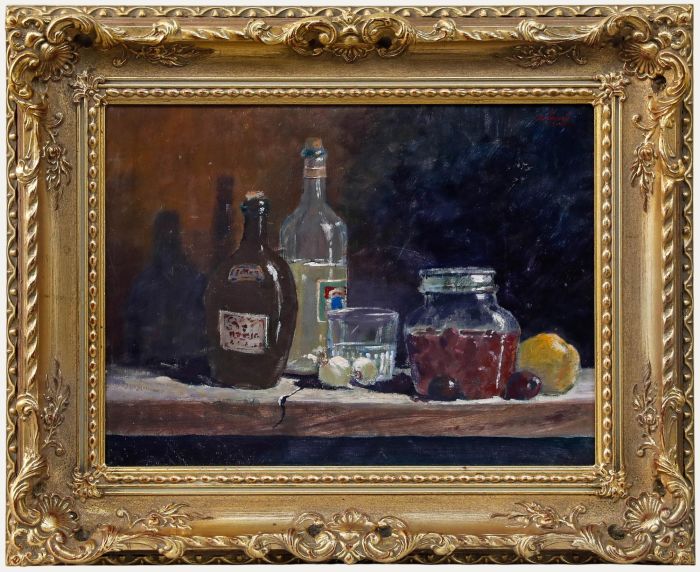 Arvind Limaye - Framed 20th Century Oil, Study of Glass Bottles & Fruit