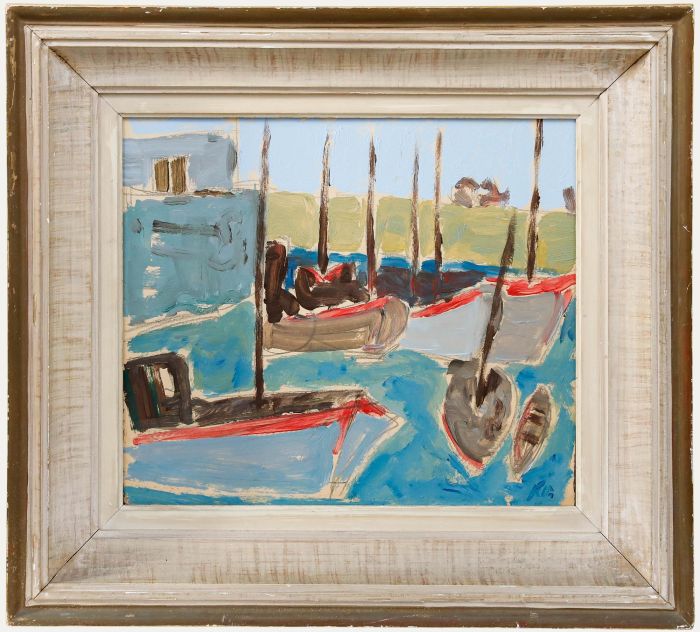 Framed Mid 20th Century Oil - Boats by The Harbour Wall