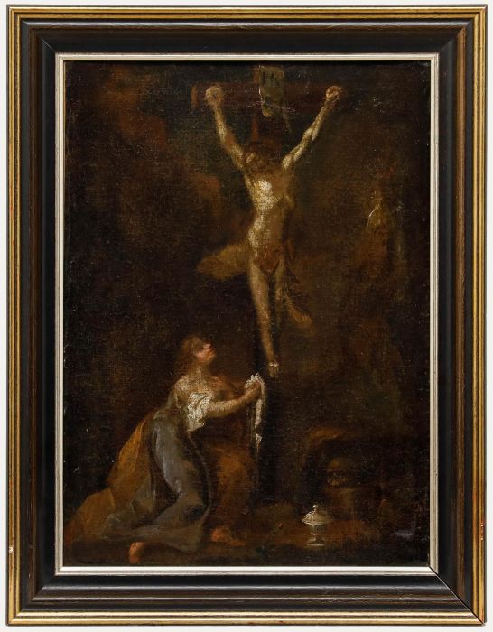 Framed 17th Century Oil - Mary Magdalene at the Foot of the Cross