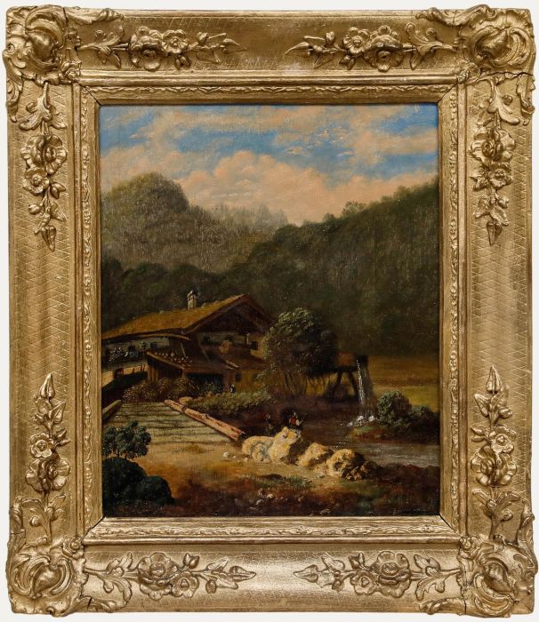 Framed 19th Century Oil - Fishing by the Lodge