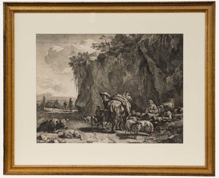 Jan de Visscher after Nicolaes Berchem - Engraving, Spinner Near a Rock