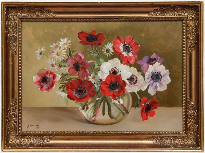 Georges Danset (1897-1976) - Framed 1941 Oil, Anemones and Daisies