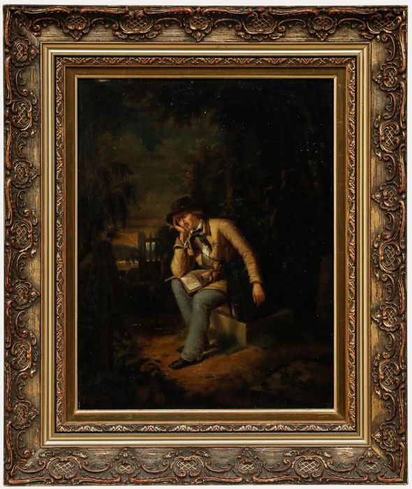 Framed 19th Century Oil - Young Traveller in a Graveyard