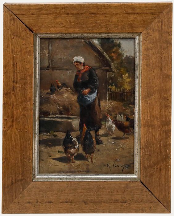 Gustave Albert Catoire (1845-1880) - Framed Oil, Feeding the Chickens