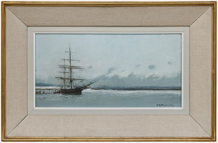 René Marie Dujardin (1913-2002) - Framed Oil, Clipper Ship in Calm Waters
