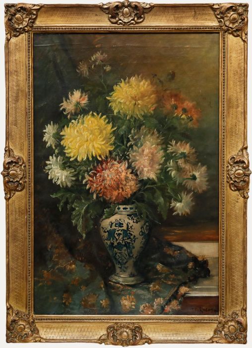 Jules Félix Ragot (1835-1912)- Framed Oil, Chrysanthemums in a Blue & White Vase