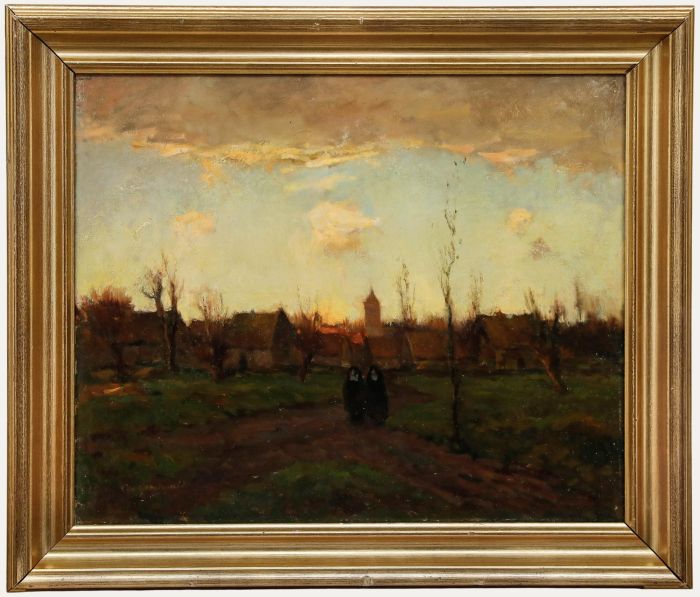 Cornelis Groeneveld (1882-1952) - Early 20th Century Oil, Nuns Walking at Dusk