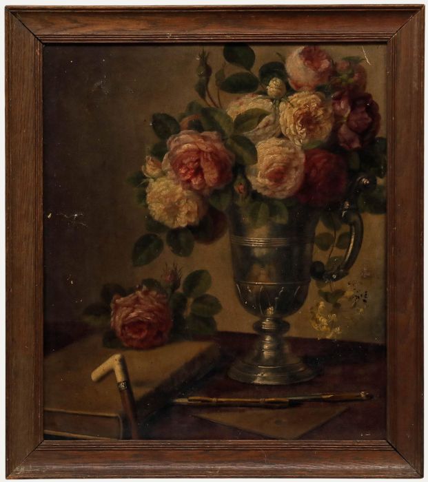 B. Pollet - Framed Late 19th Century Oil, Still Life with Roses and Book