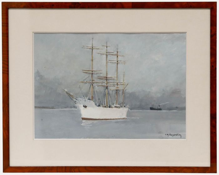 René Marie Dujardin (1913-2002) - 20th Century Gouache, White Ship at Anchor