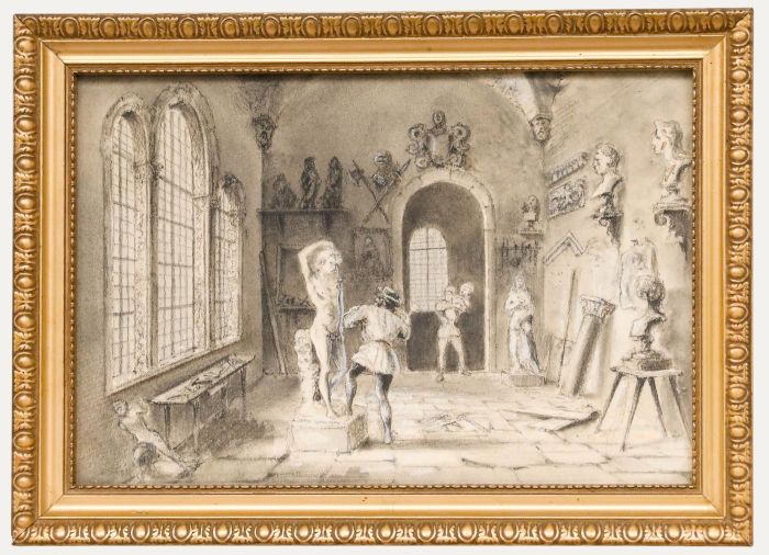 Edward Allen Schmidt (1825-1893) - Charcoal Drawing, Sculptor in His Studio