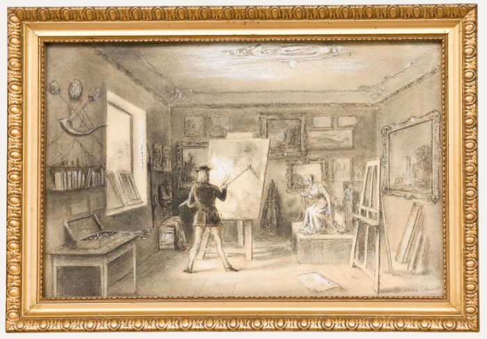 Edward Allen Schmidt (1825-1893) - Charcoal Drawing, Artist in His Studio